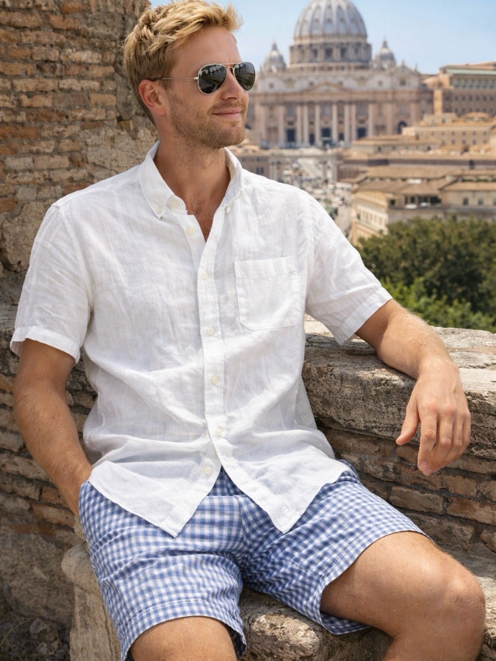 Men's White Linen Short-Sleeve Button-Down Shirt